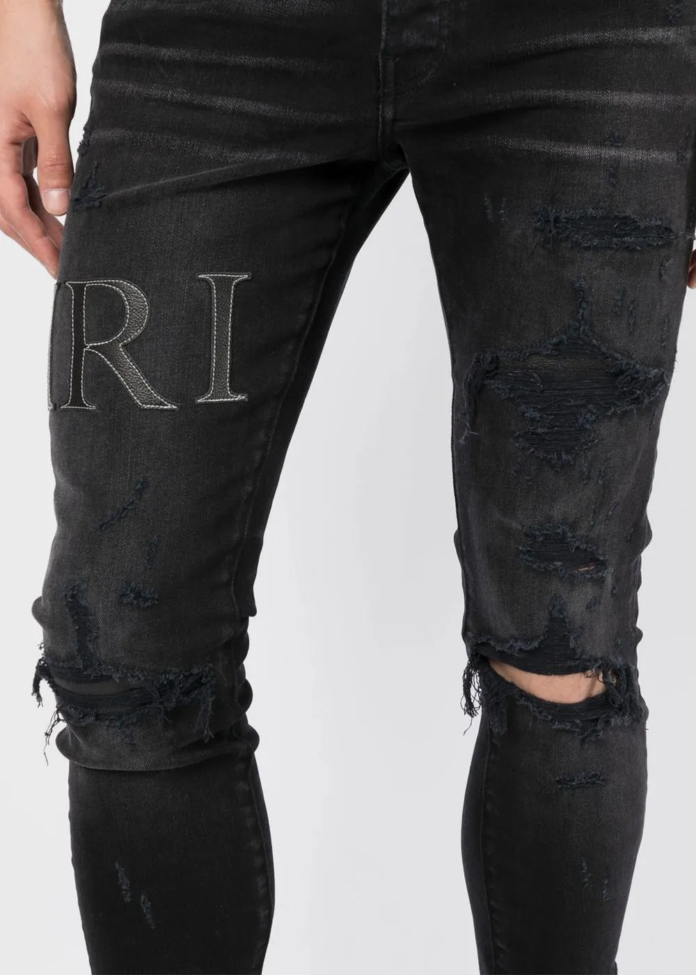 Aged Black Leather Stitch Logo Jeans