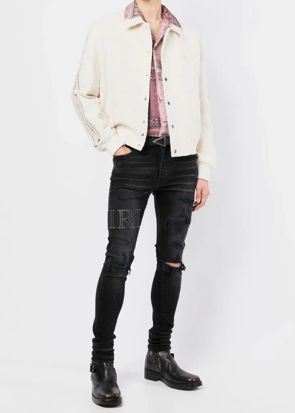 Aged Black Leather Stitch Logo Jeans