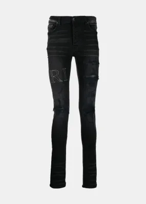 Aged Black Leather Stitch Logo Jeans