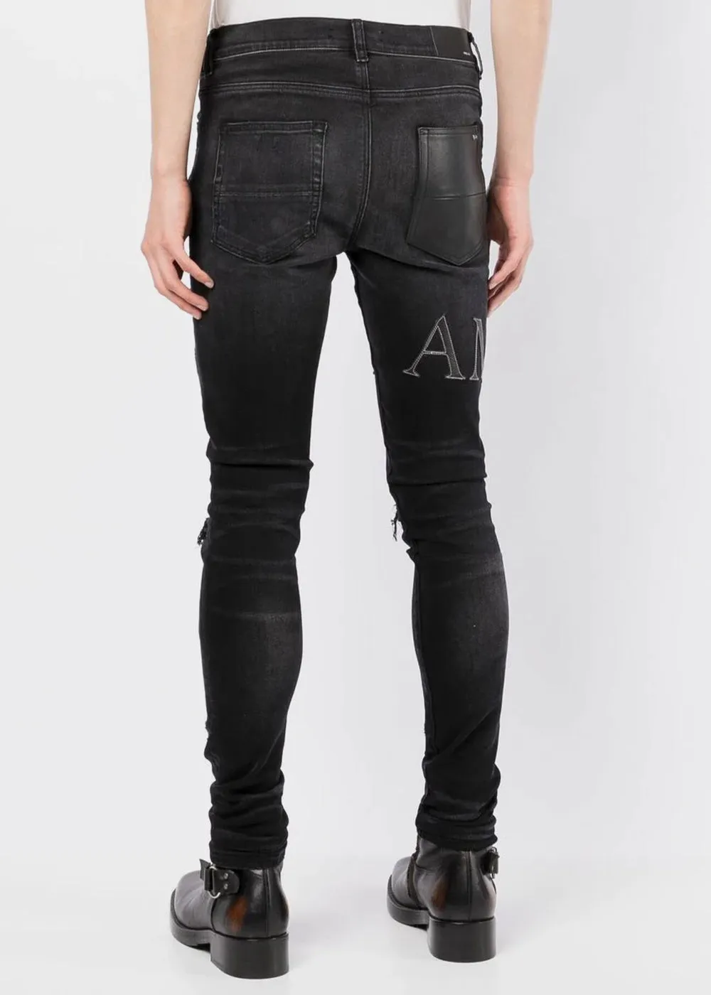 Aged Black Leather Stitch Logo Jeans