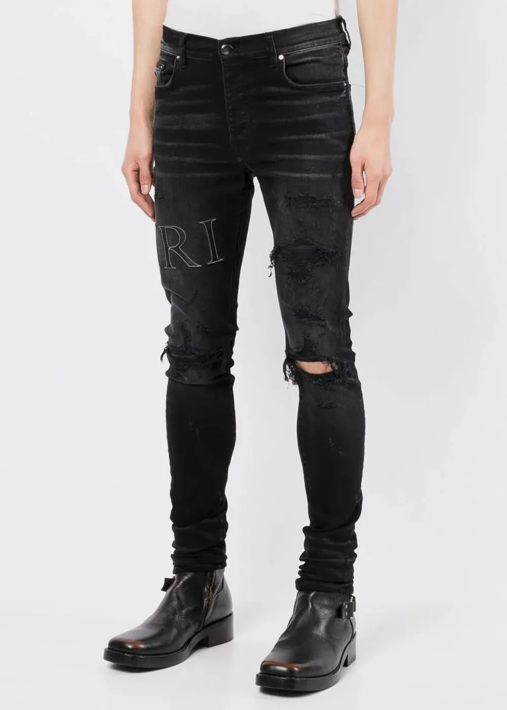 Aged Black Leather Stitch Logo Jeans