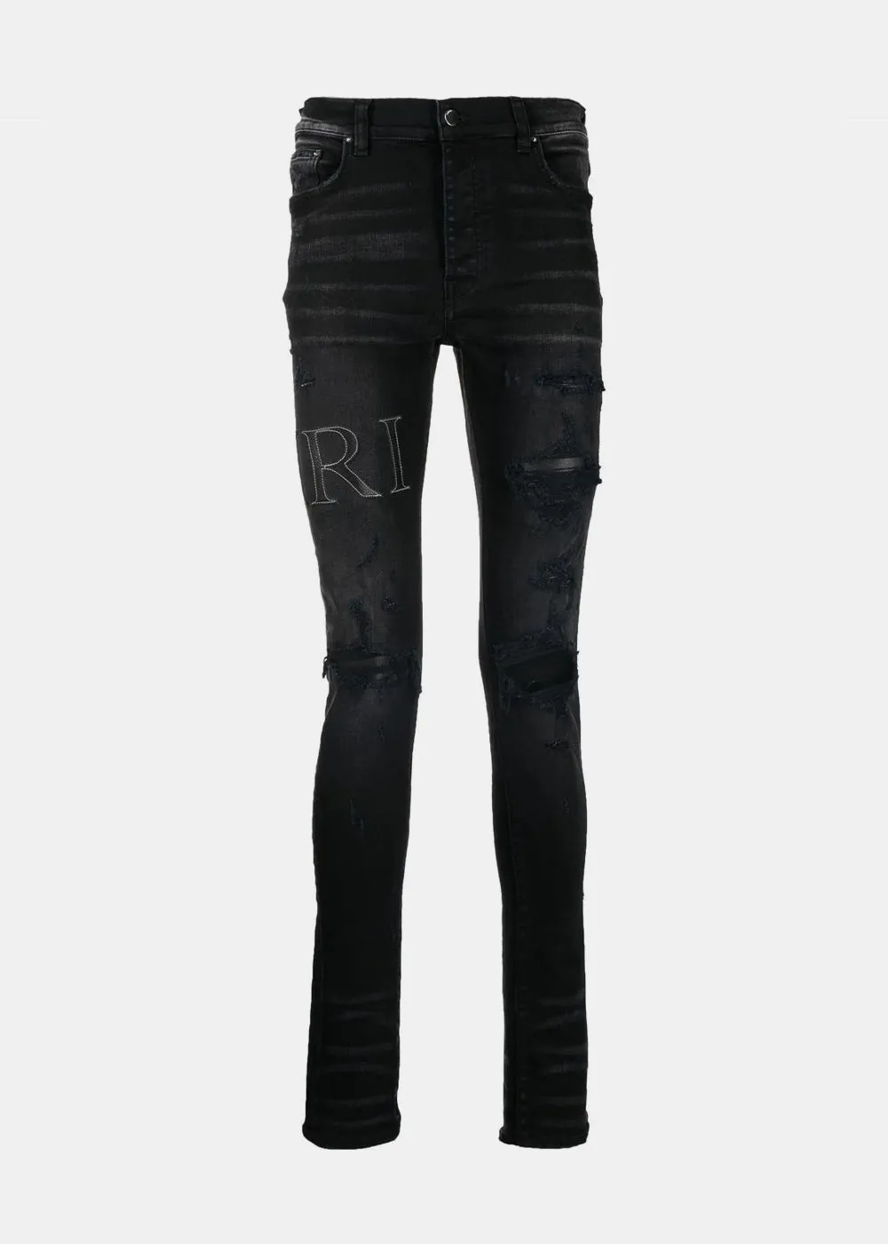 Aged Black Leather Stitch Logo Jeans