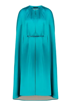 ALLAMANDA TEAL SILK SATIN CAPE DRESS WITH CRYSTAL BELT