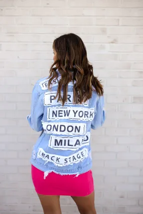 American Bazi Letter Patched Distressed Denim Jacket