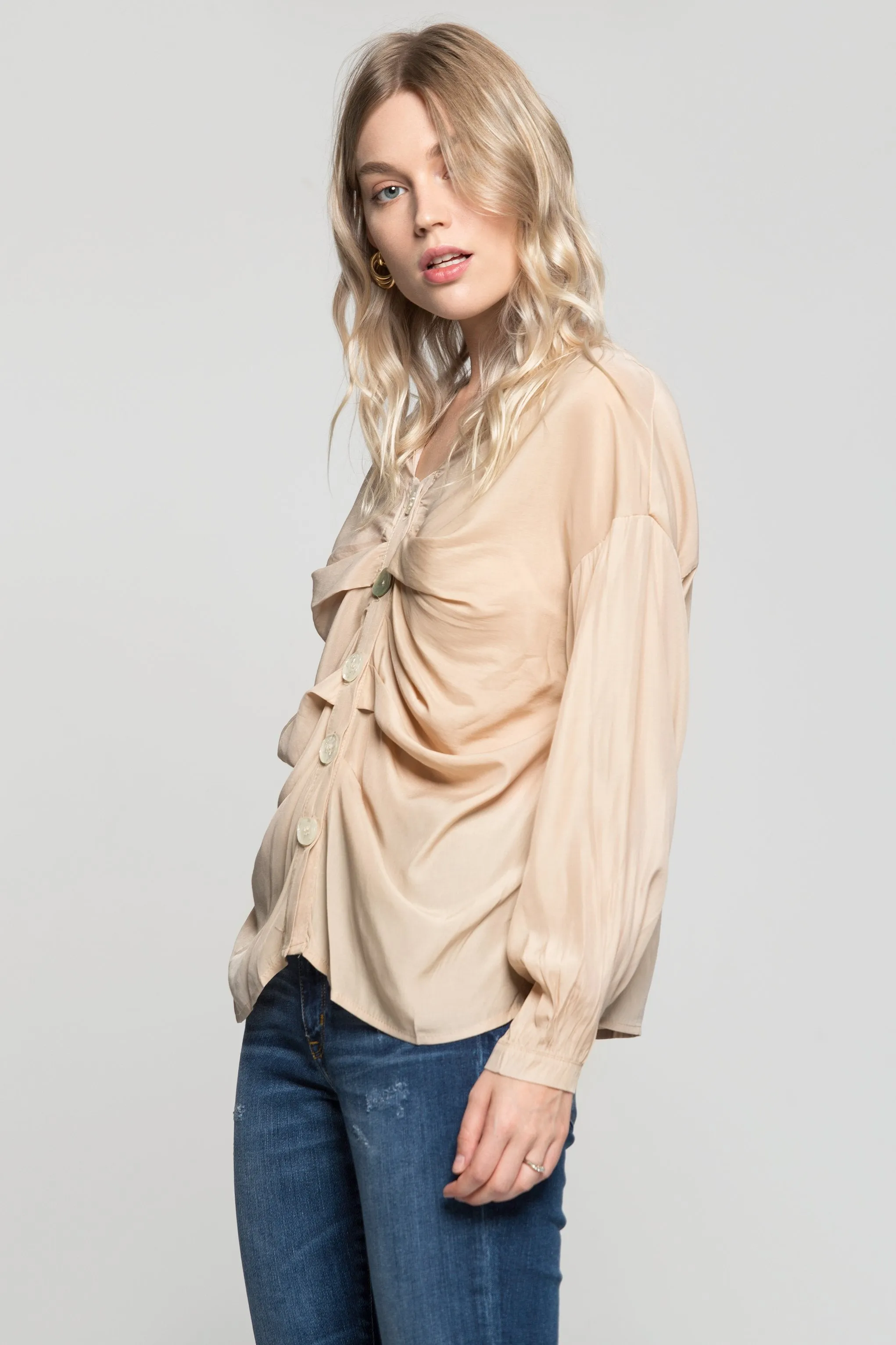 Beige Cinched Button Up Shirt