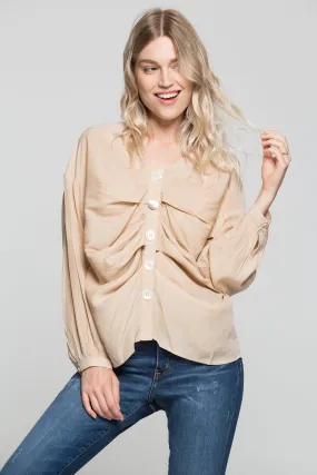 Beige Cinched Button Up Shirt