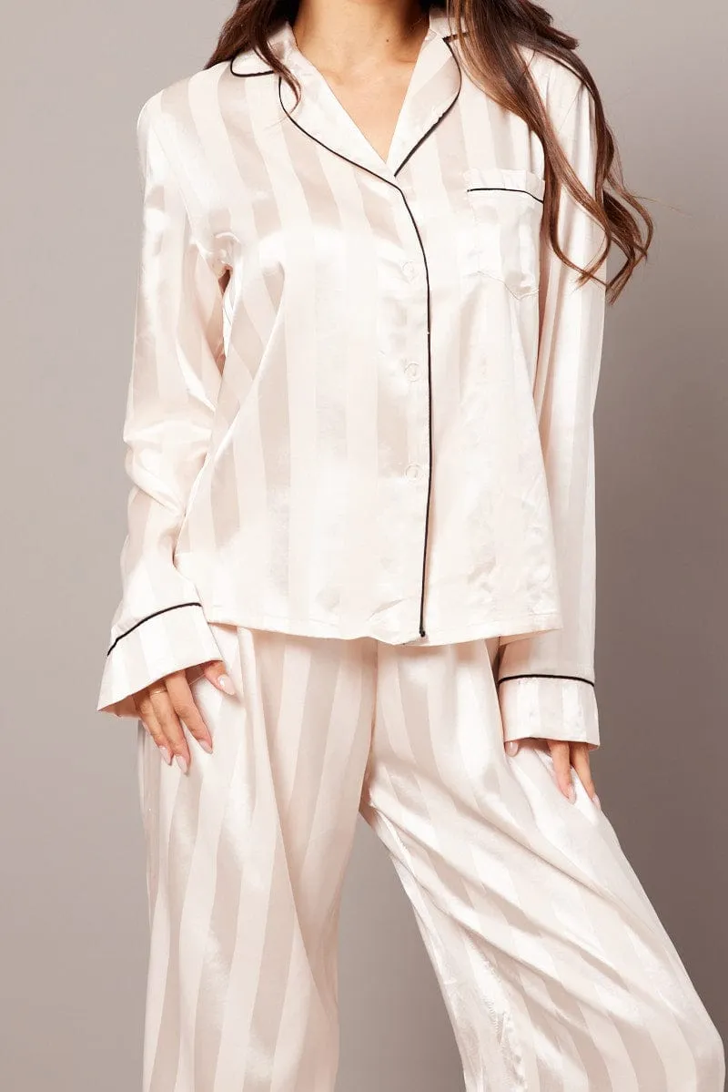 Beige Stripe Pj Set Satin Stripe Contrast Piping Pyjama