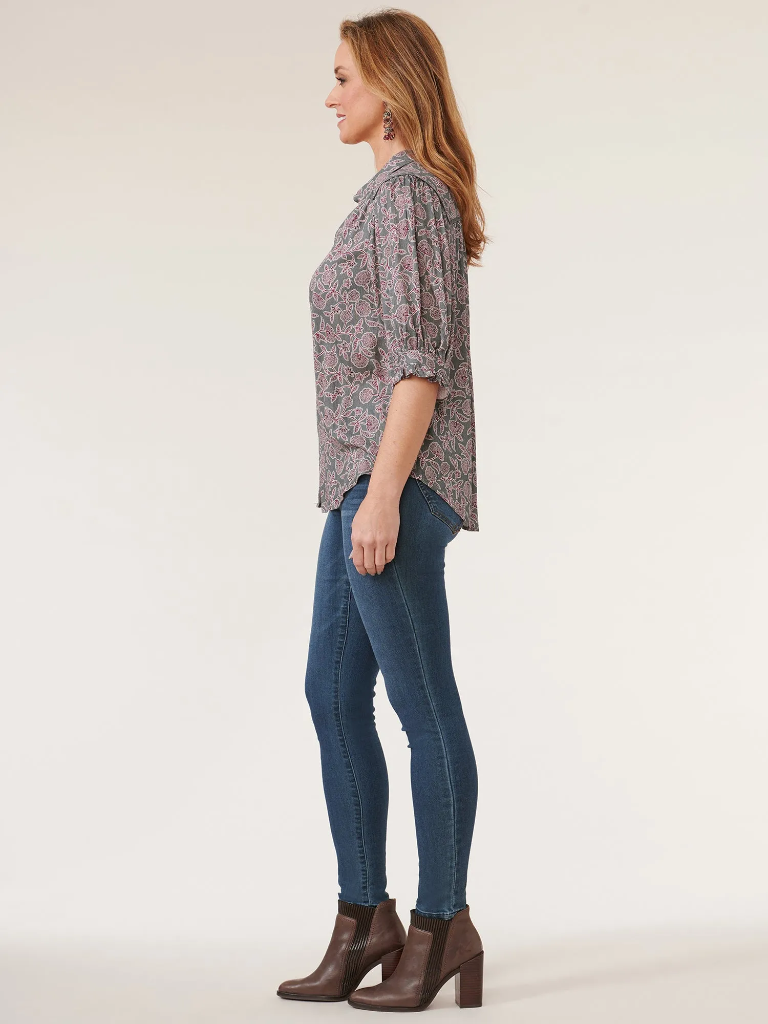 Below Elbow Cinched Sleeve Button Down Petite Printed Woven Top