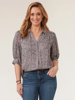 Below Elbow Cinched Sleeve Button Down Petite Printed Woven Top