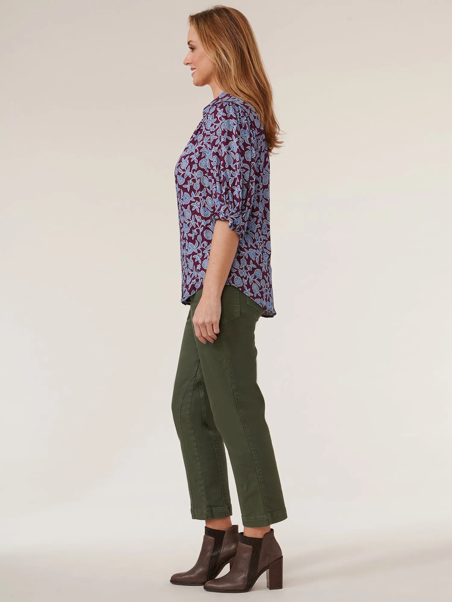 Below Elbow Cinched Sleeve Button Down Petite Printed Woven Top