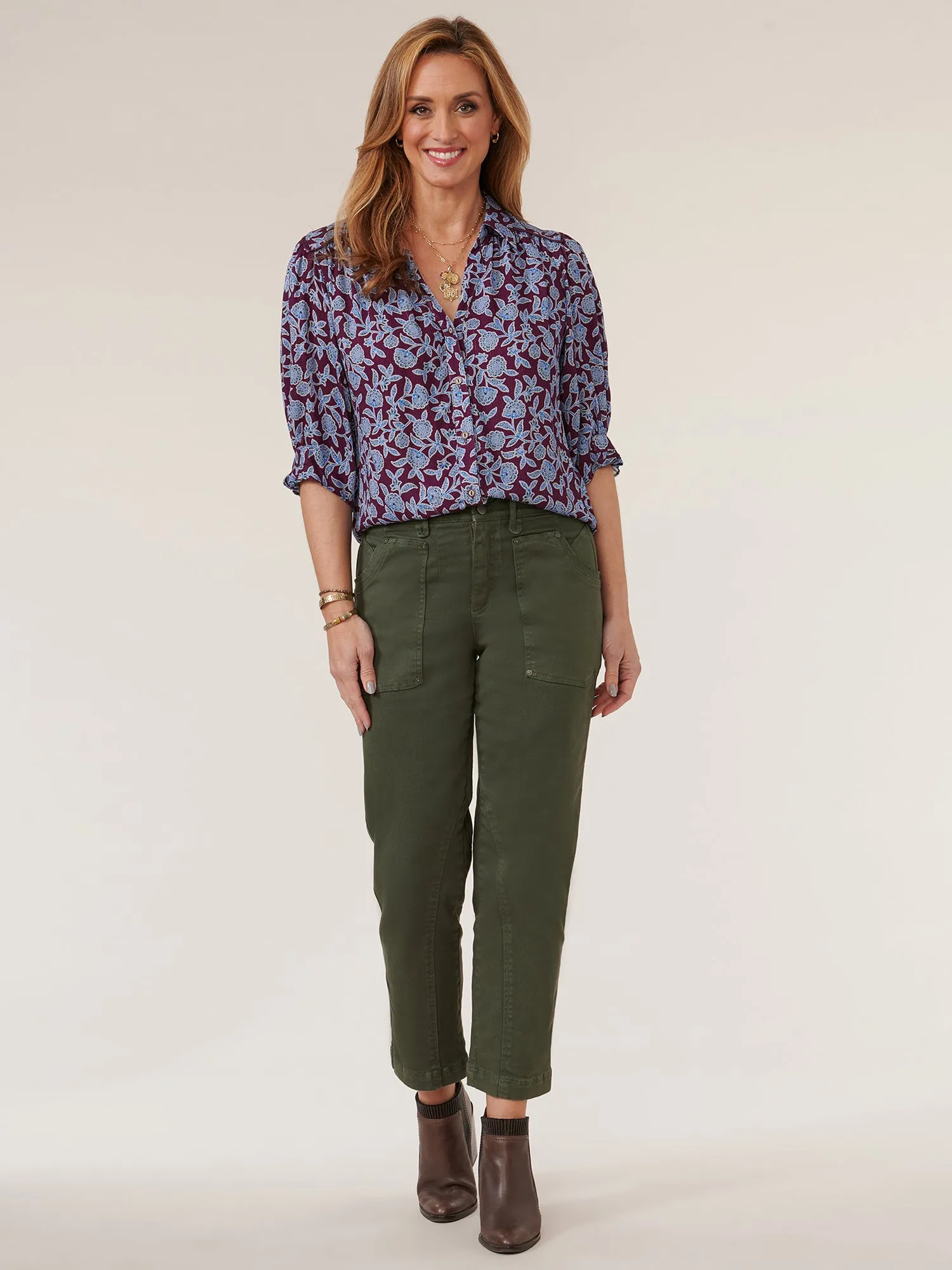 Below Elbow Cinched Sleeve Button Down Petite Printed Woven Top