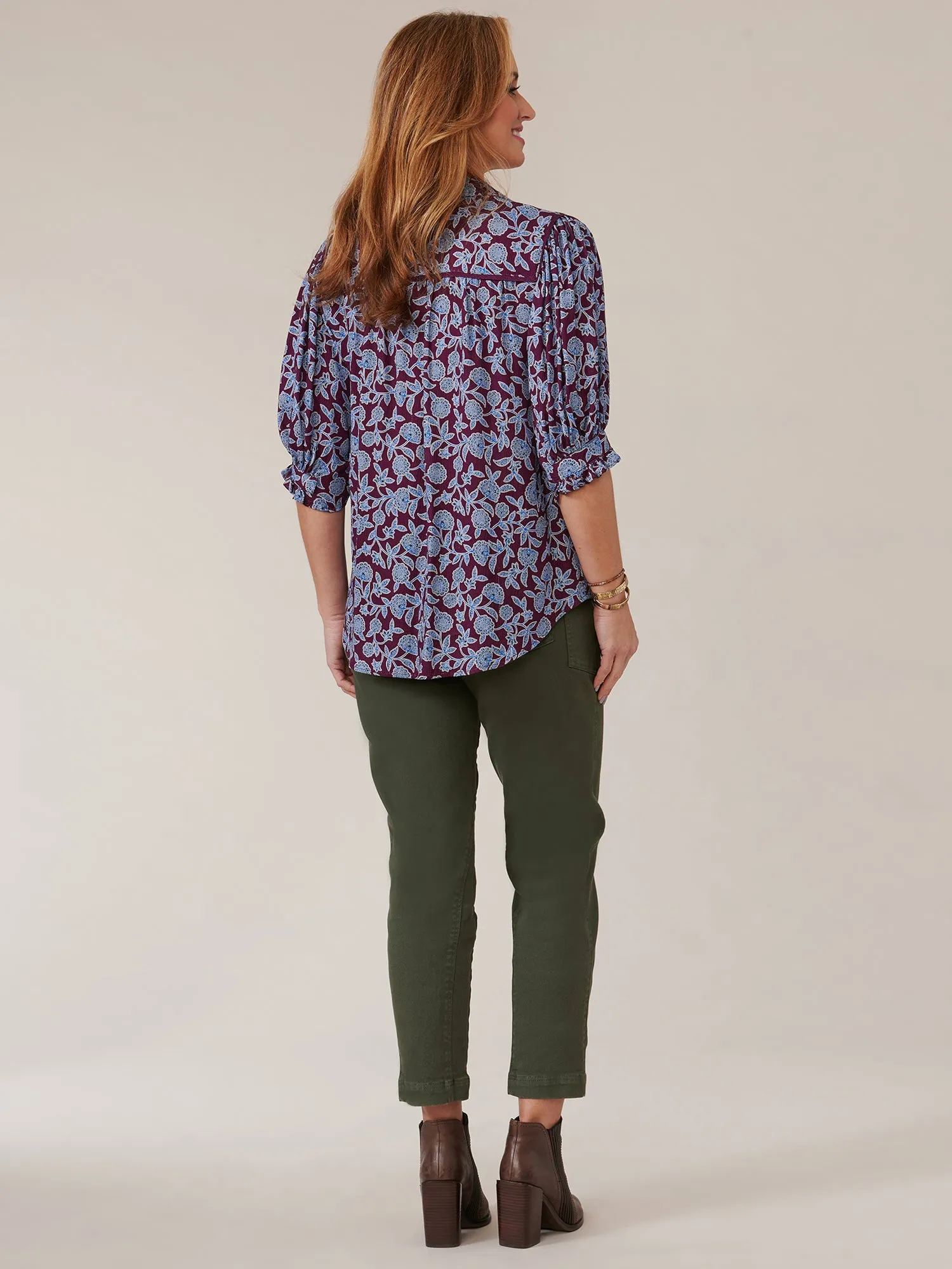 Below Elbow Cinched Sleeve Button Down Petite Printed Woven Top