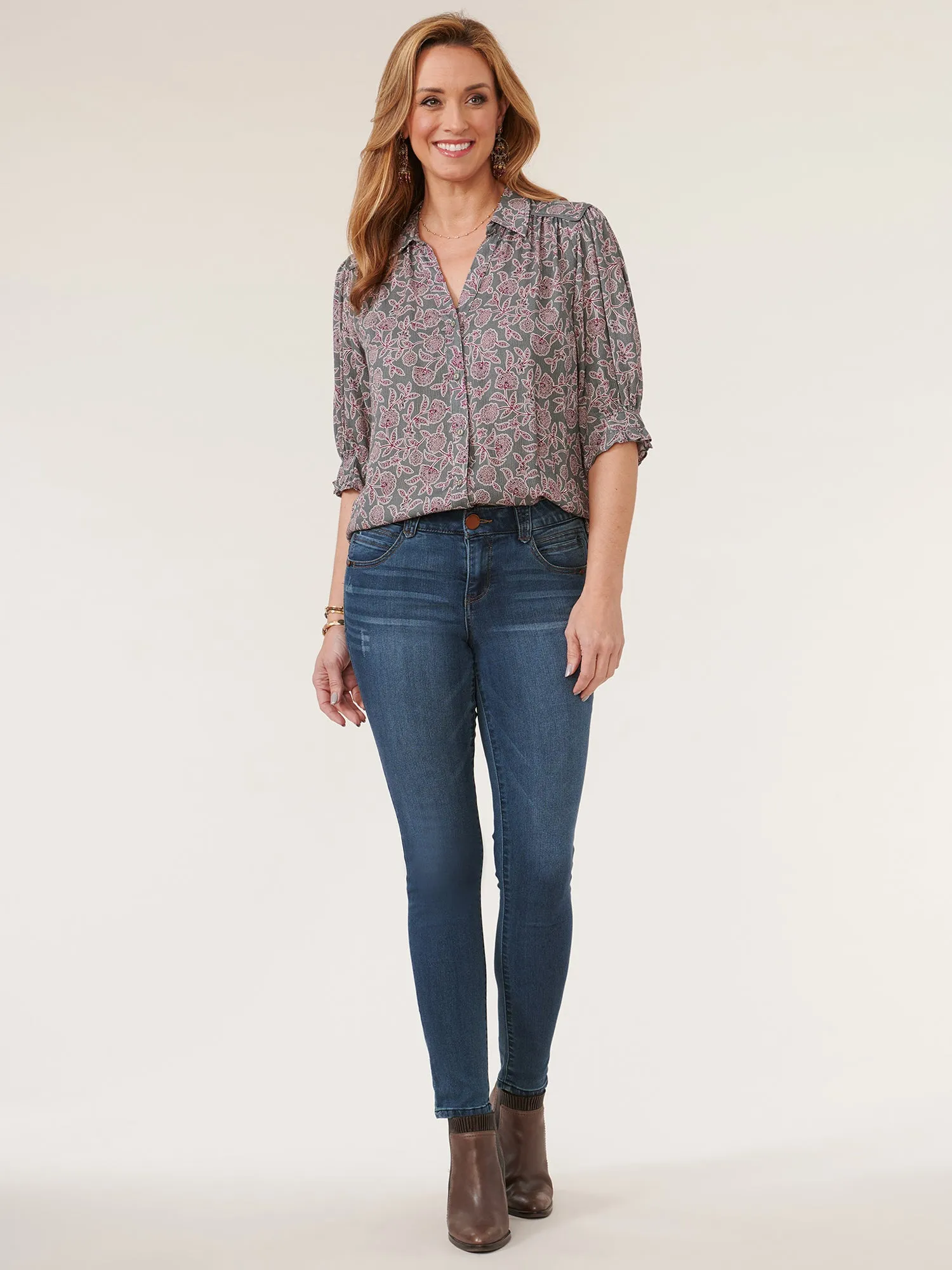 Below Elbow Cinched Sleeve Button Down Petite Printed Woven Top