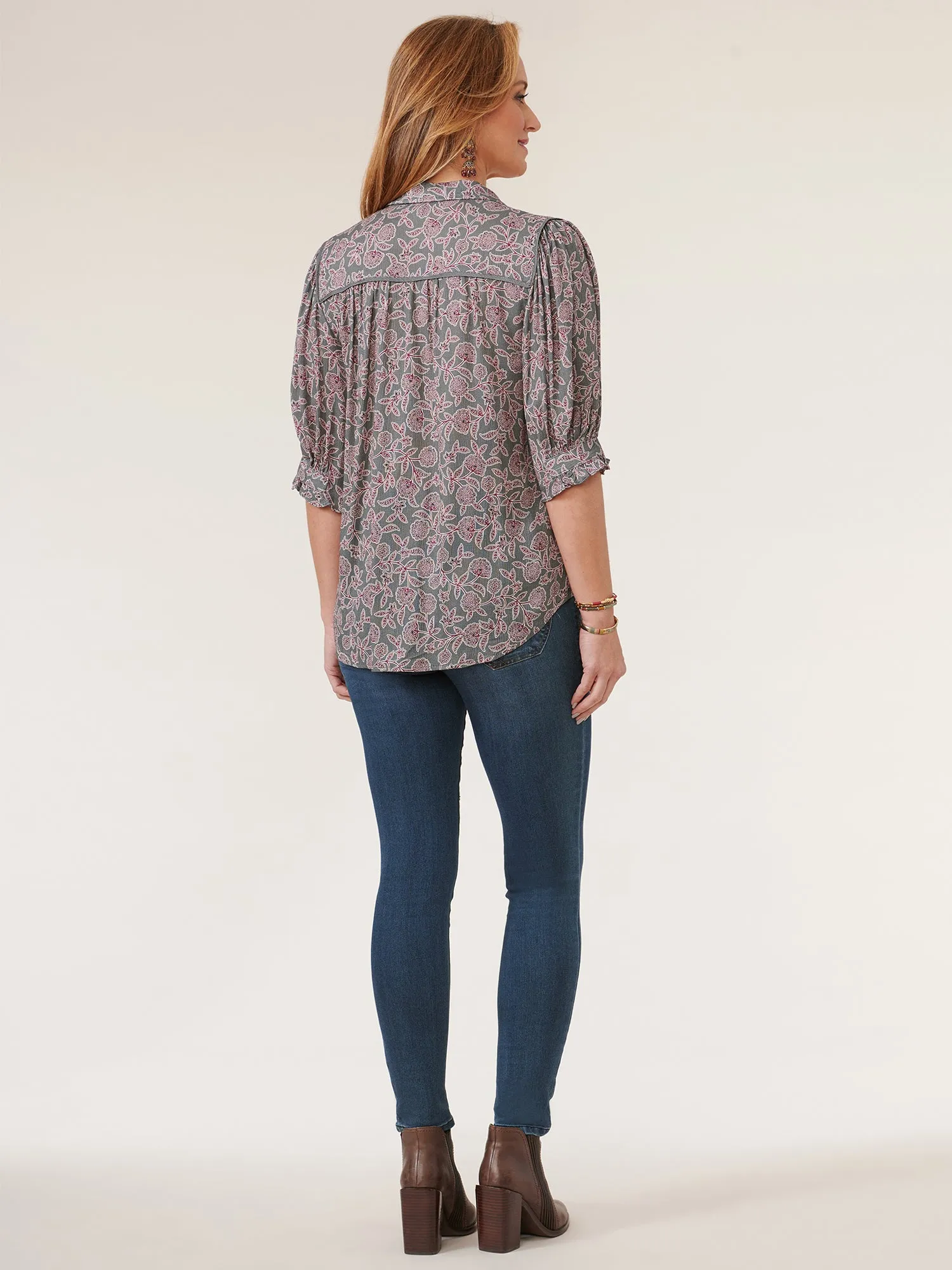 Below Elbow Cinched Sleeve Button Down Petite Printed Woven Top