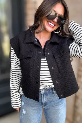 Black Quilted Point Collar Flap Patched Pocket Vest