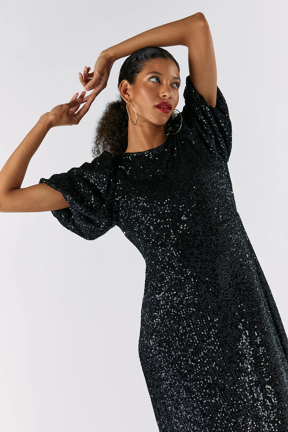 Black Sequin Puff Sleeve Midi Dress