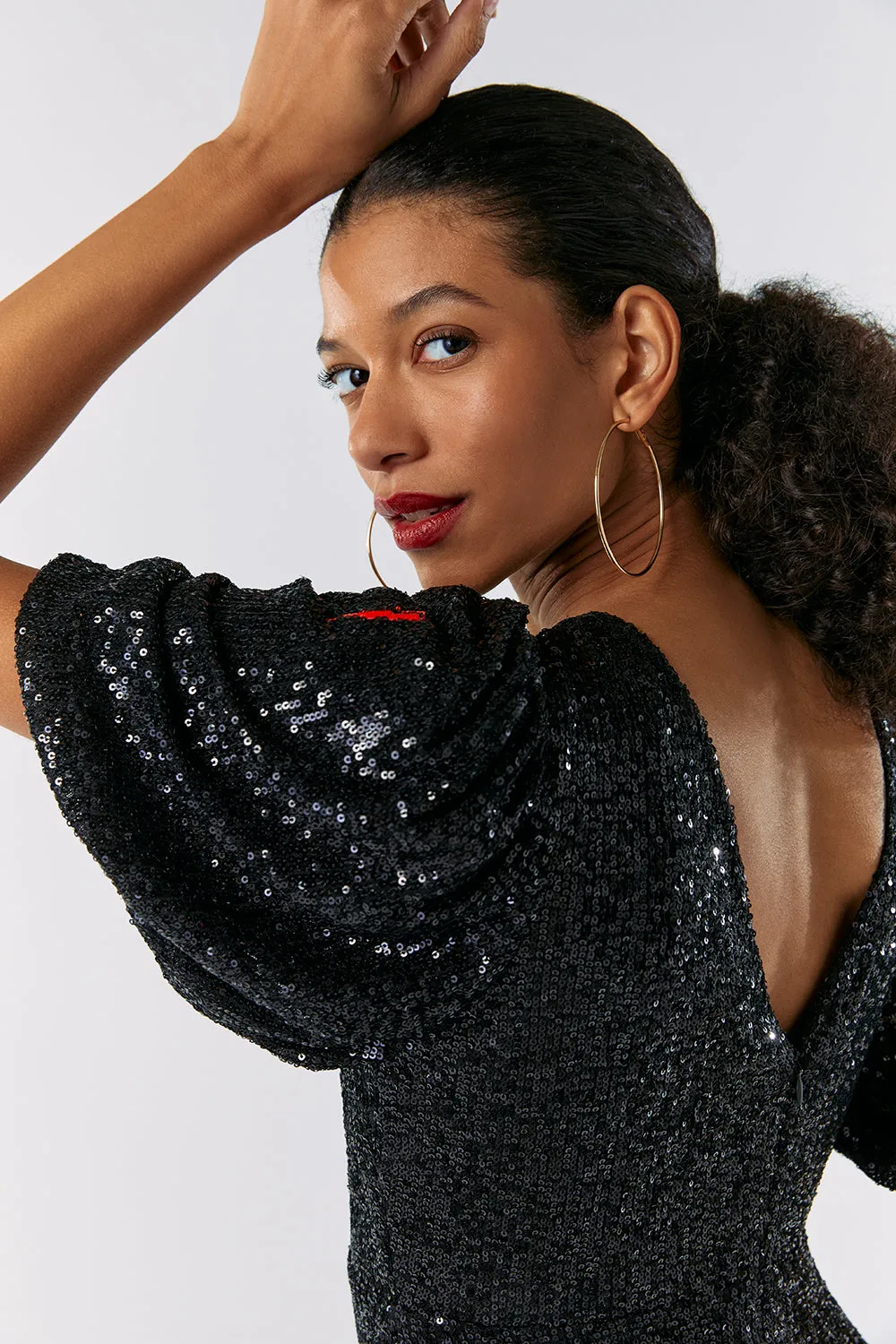 Black Sequin Puff Sleeve Midi Dress