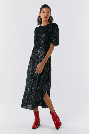 Black Sequin Puff Sleeve Midi Dress