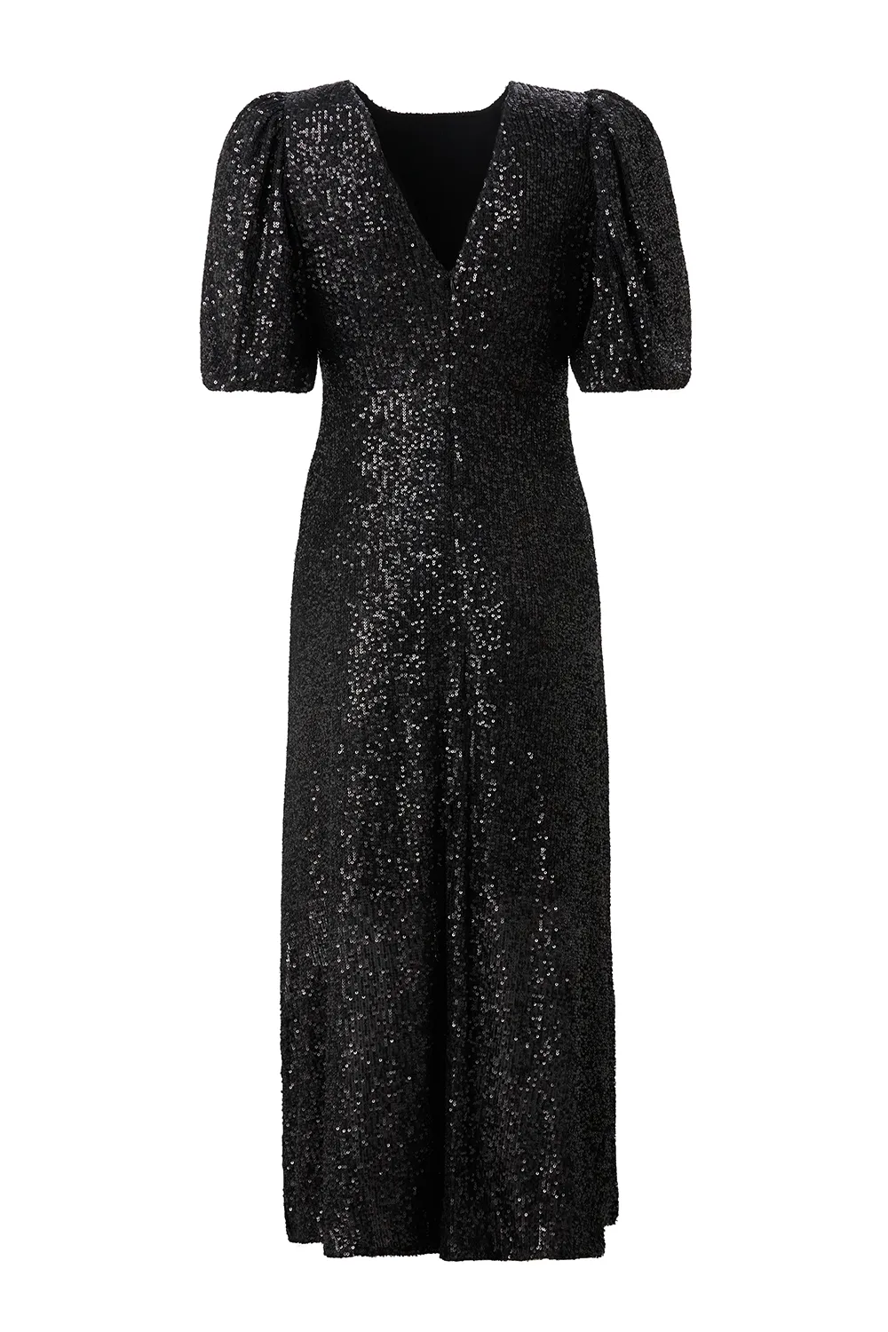 Black Sequin Puff Sleeve Midi Dress