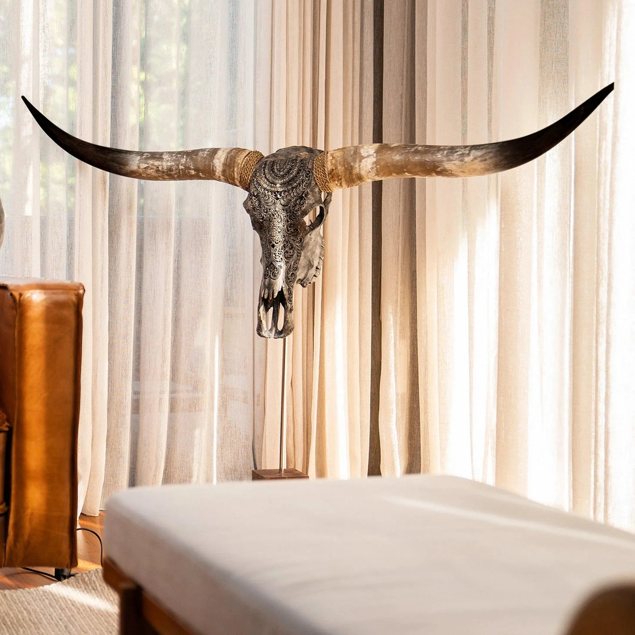 Boho Carved Longhorn Skull