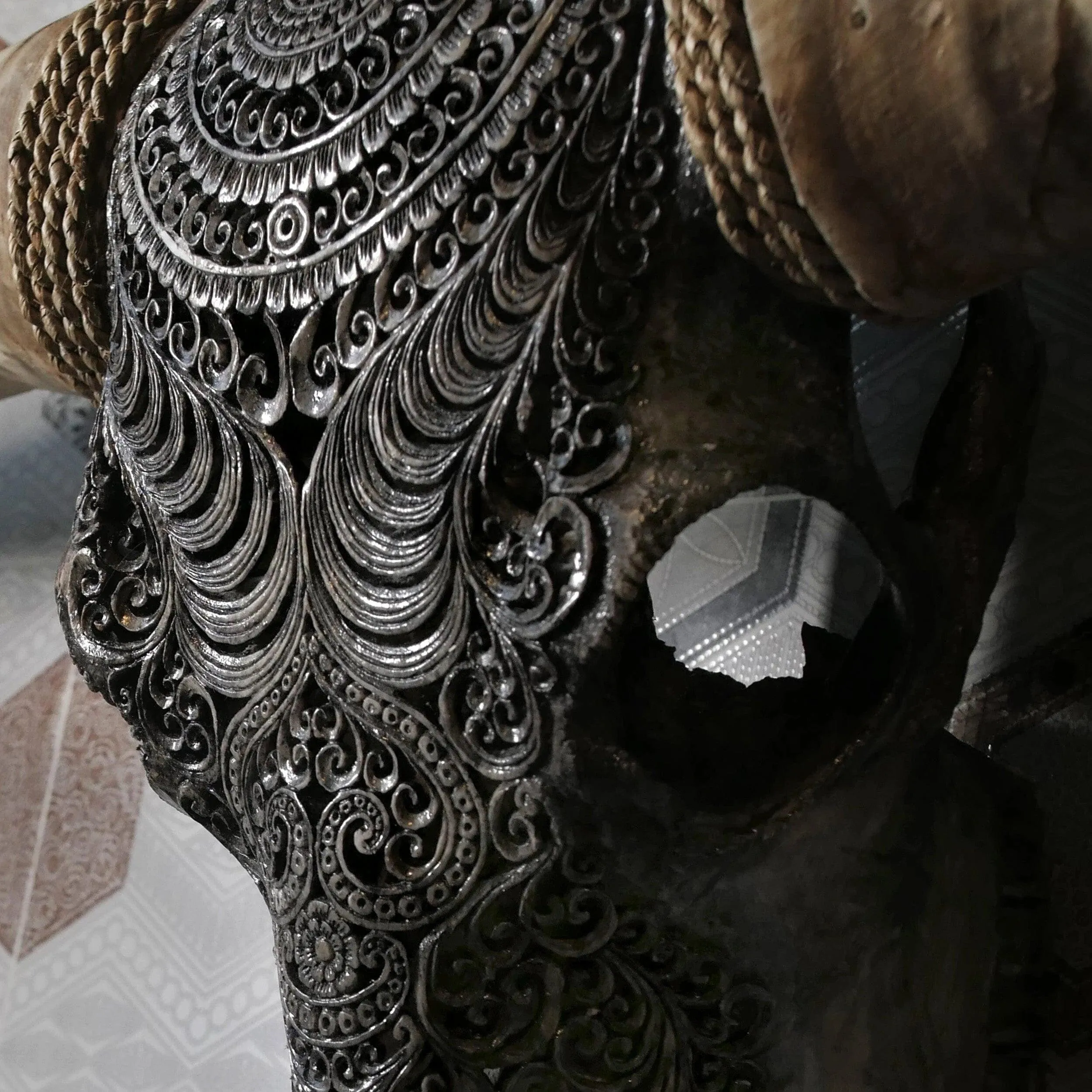 Boho Carved Longhorn Skull