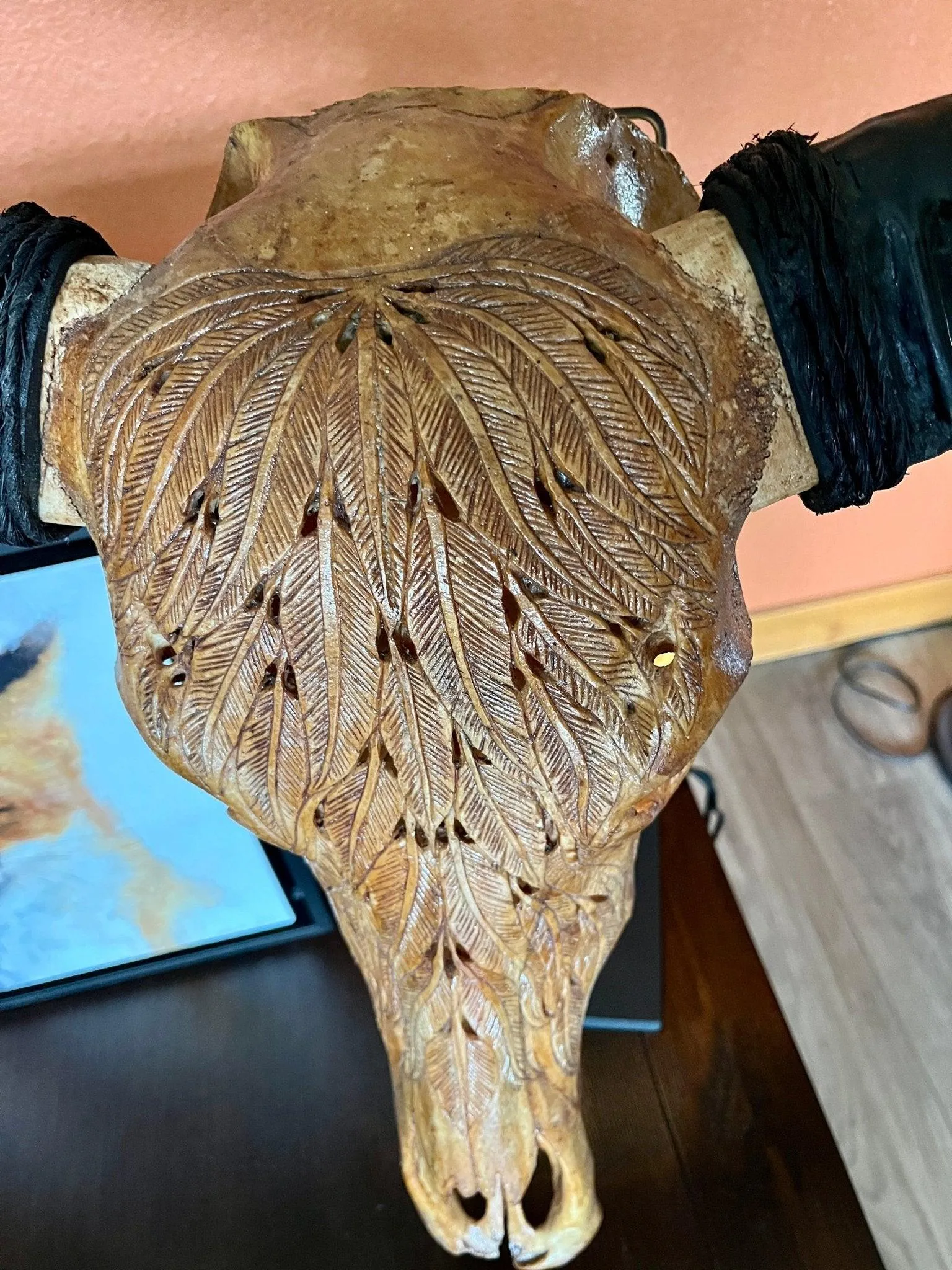Buffalo Feathers Carved Skull - 2 Colors