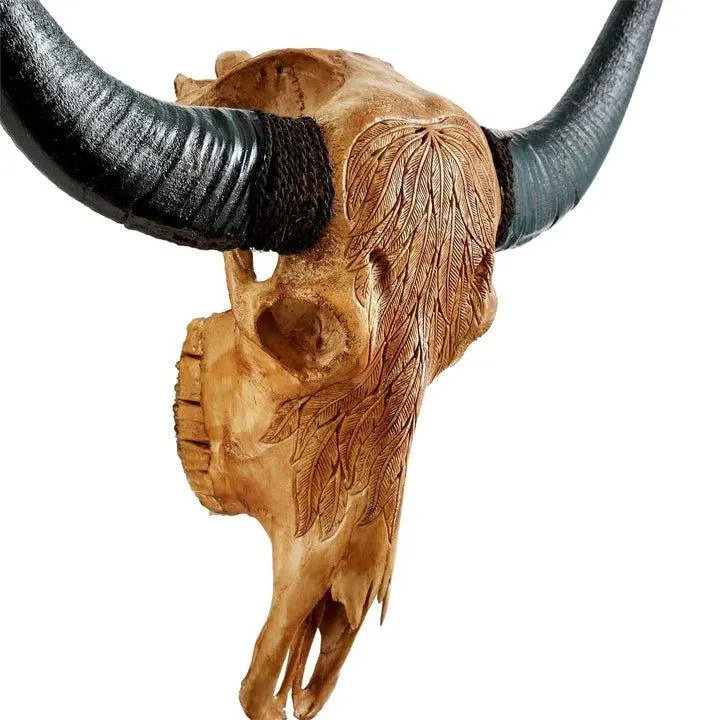 Buffalo Feathers Carved Skull - 2 Colors