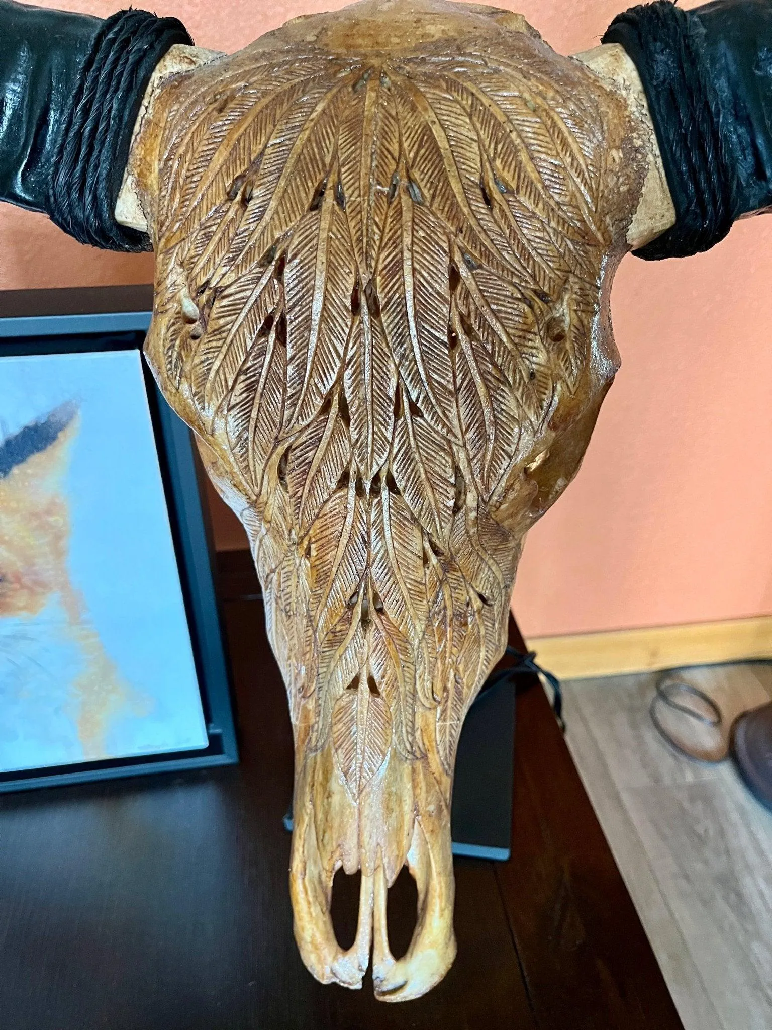 Buffalo Feathers Carved Skull - 2 Colors