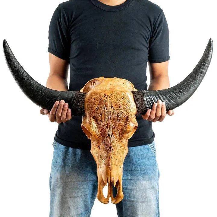 Buffalo Feathers Carved Skull - 2 Colors