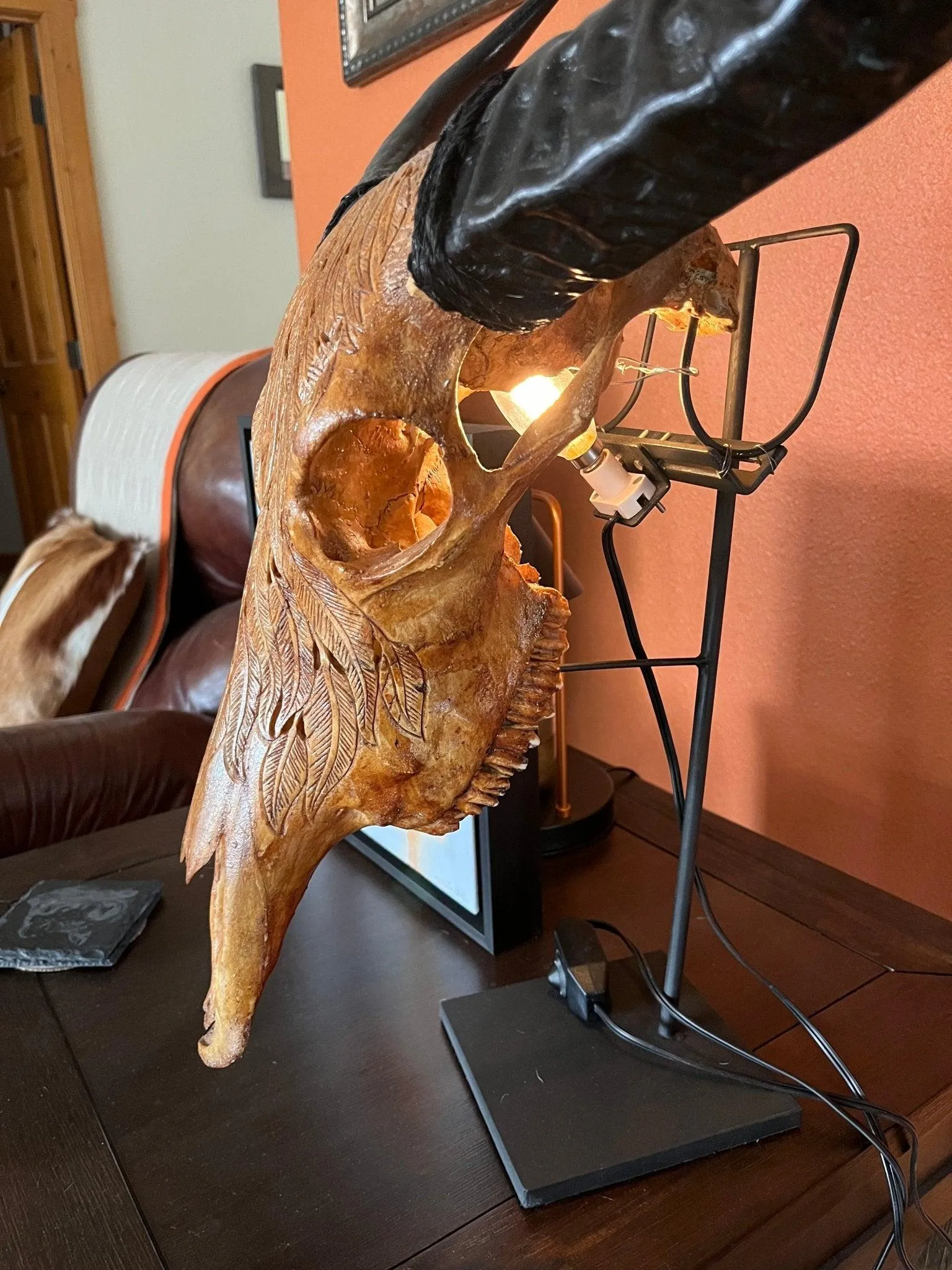 Buffalo Feathers Carved Skull - 2 Colors