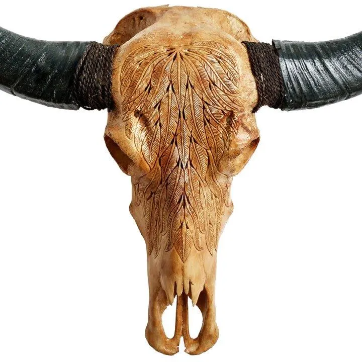 Buffalo Feathers Carved Skull - 2 Colors