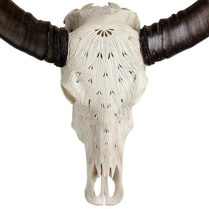 Buffalo Feathers Carved Skull - 2 Colors