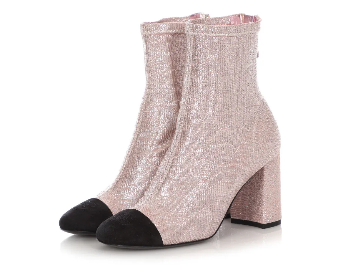 Chanel Pink and Black Sparkle Ankle Boots