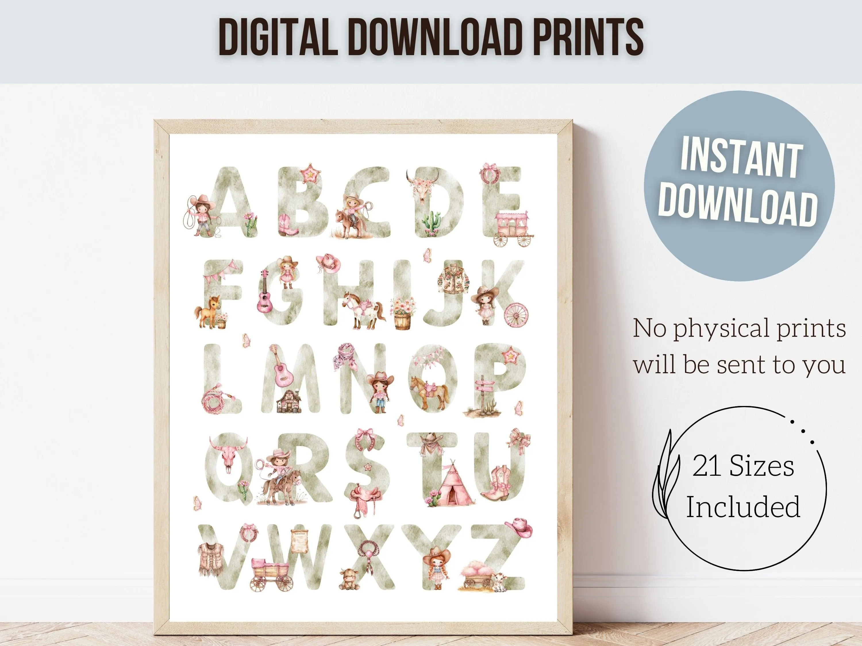 Cowgirl Alphabet Nursery Print - Green