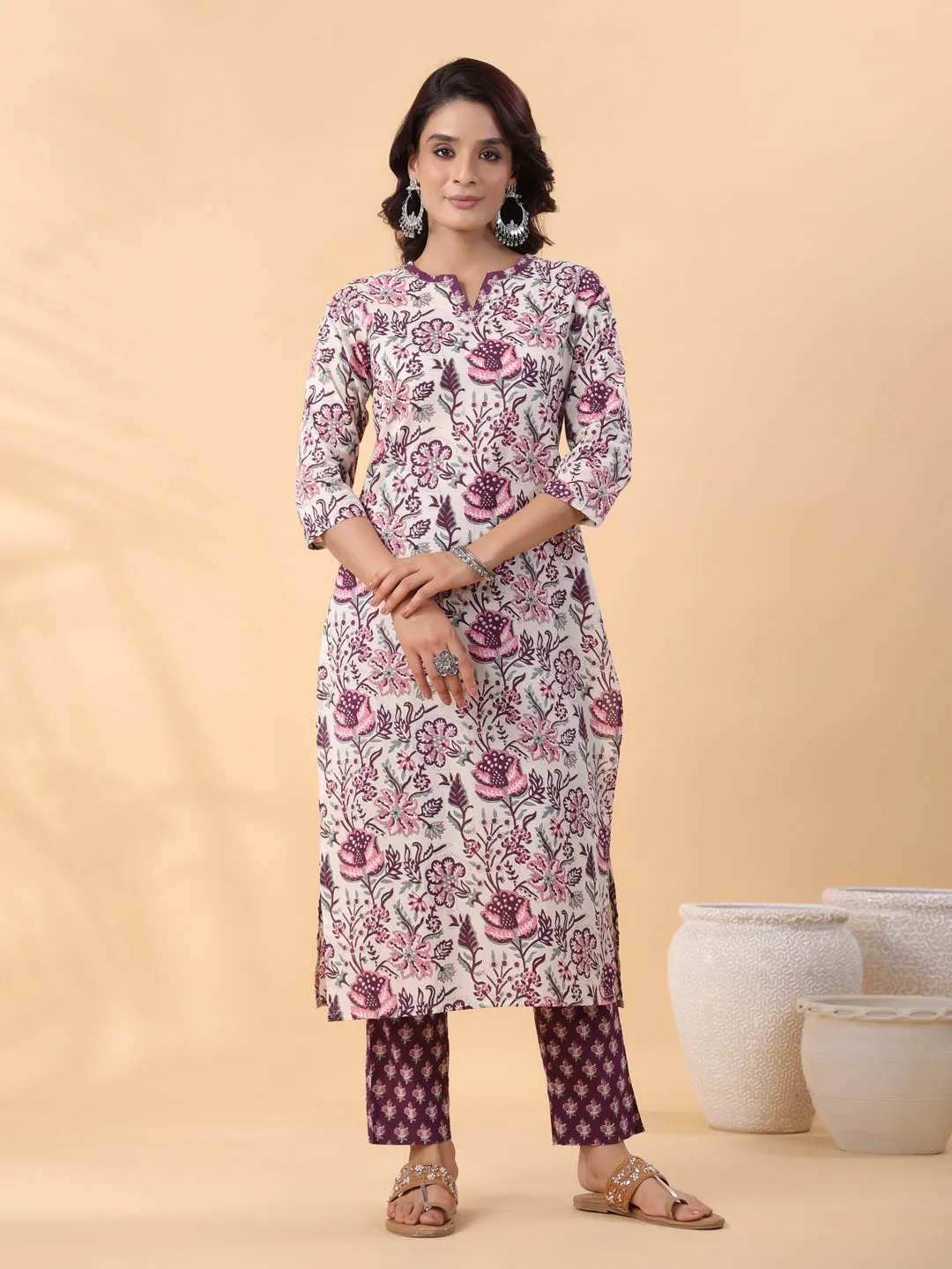 Cream Cotton Floral Printed Straight Kurta Set
