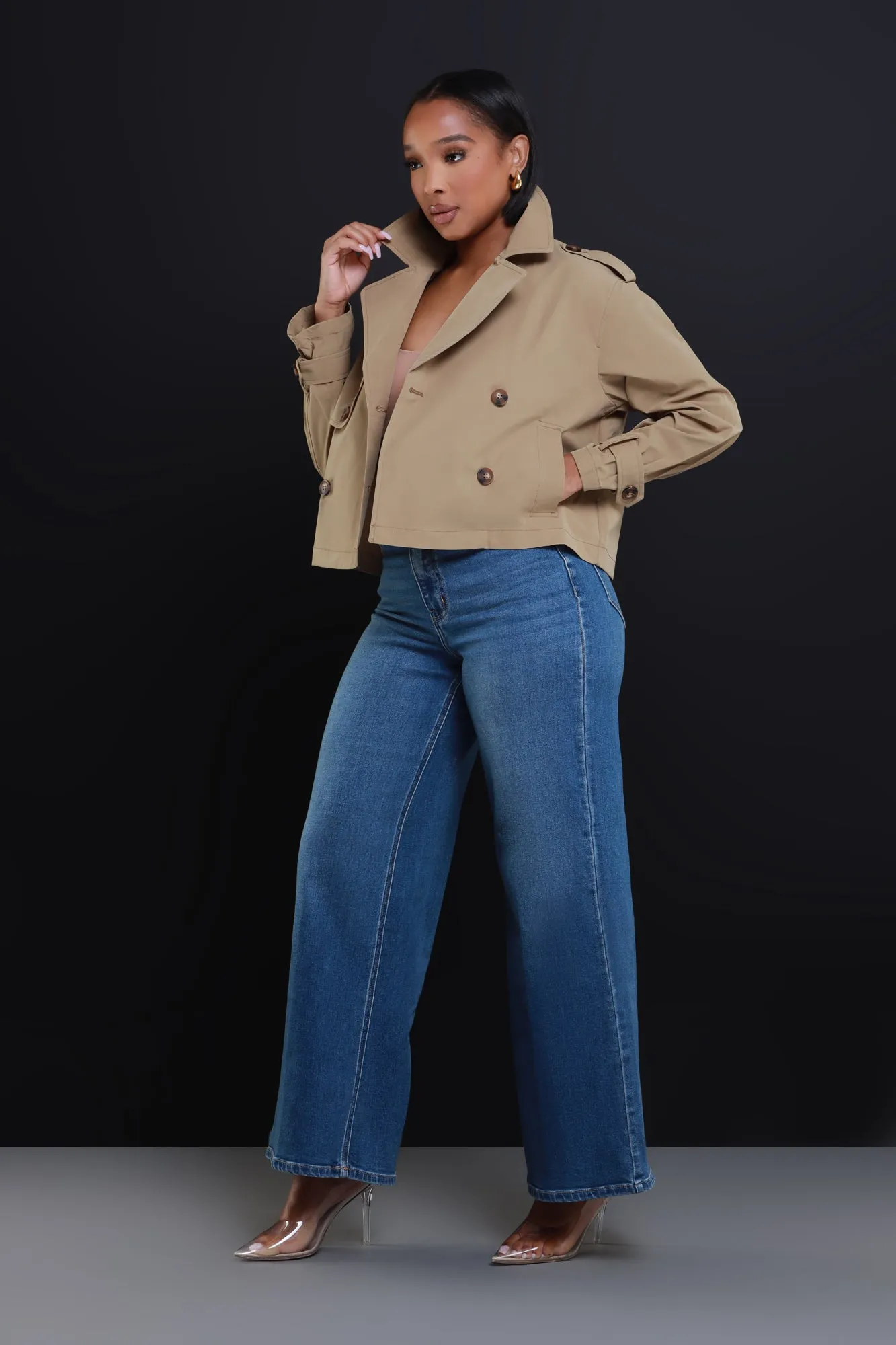 Day To Day Double Breasted Cropped Jacket - Khaki