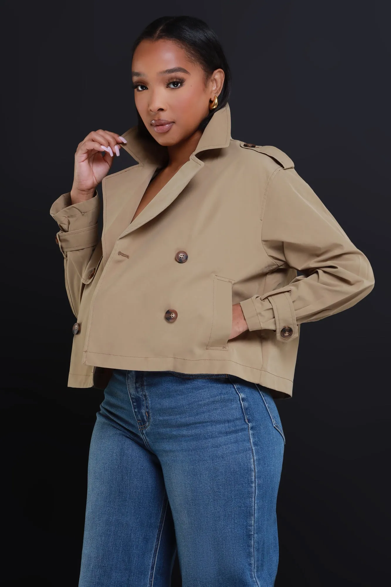 Day To Day Double Breasted Cropped Jacket - Khaki