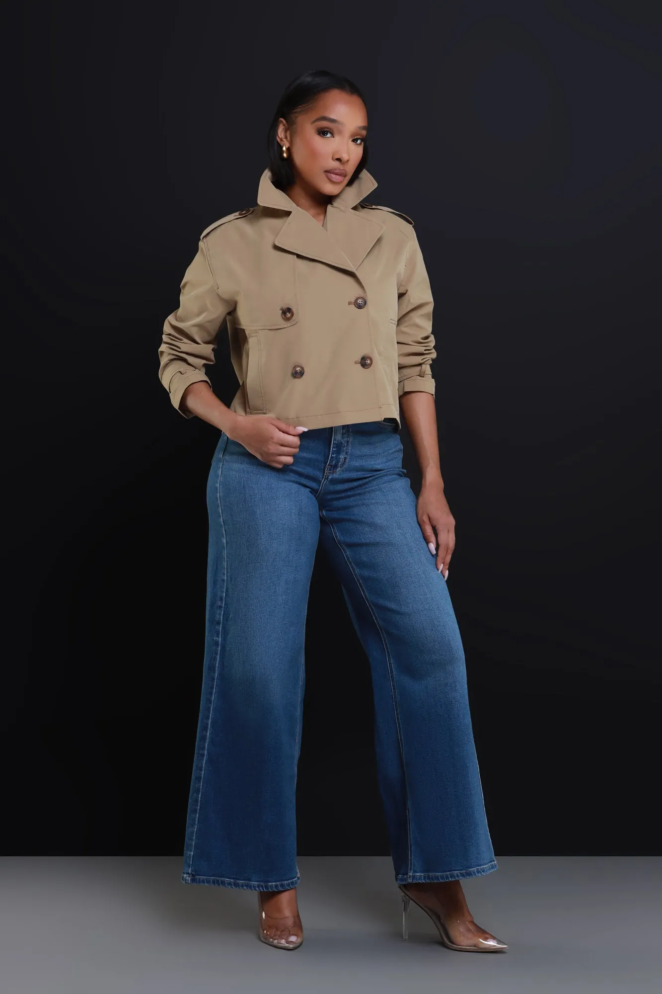 Day To Day Double Breasted Cropped Jacket - Khaki