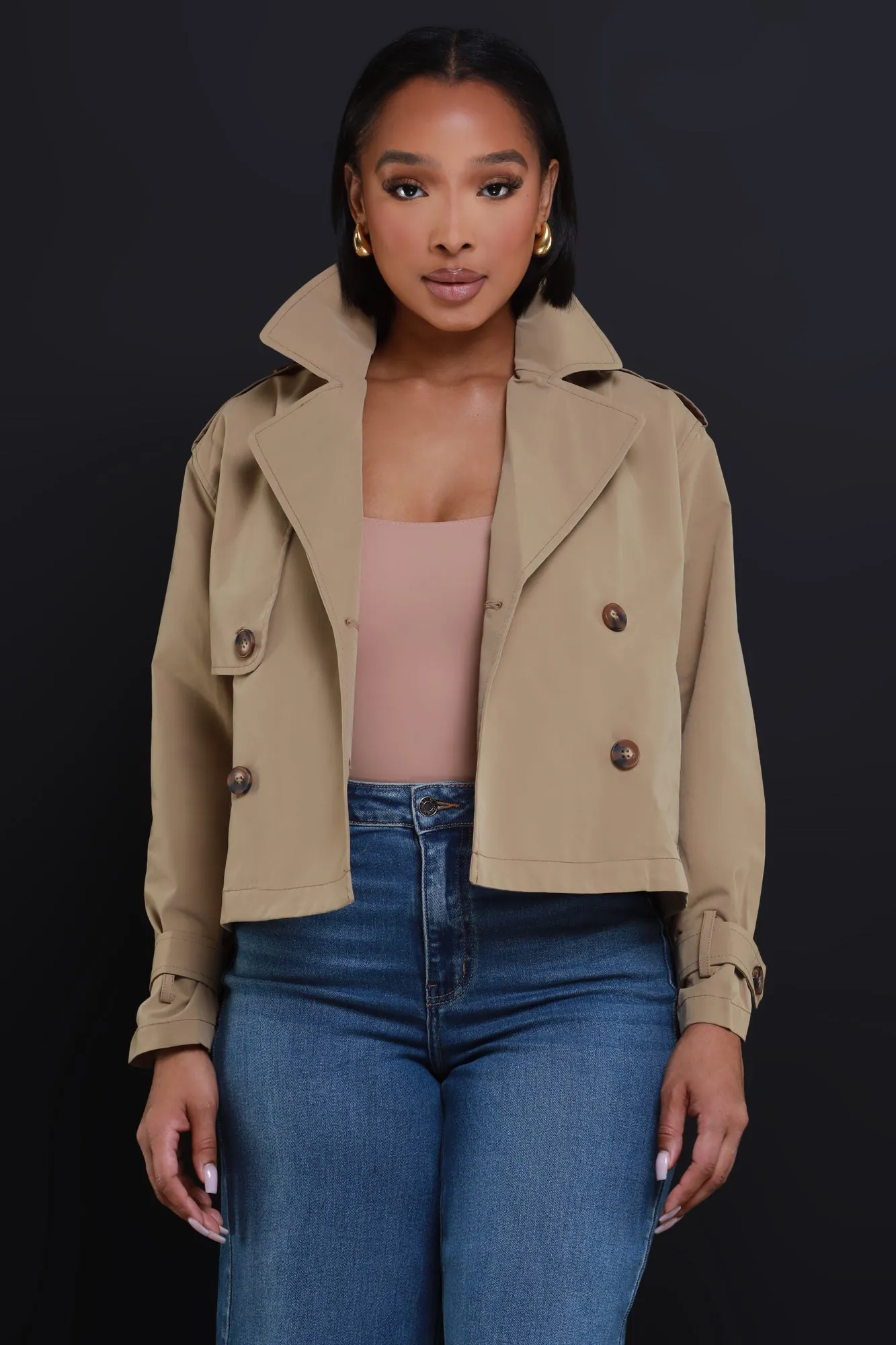 Day To Day Double Breasted Cropped Jacket - Khaki