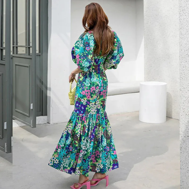 Elegant Blue Flower Print Lantern Sleeve and Ankle Fishtail Dress 2023 Summer Slim Bodycon O-neck Pastoral Style Party Dress