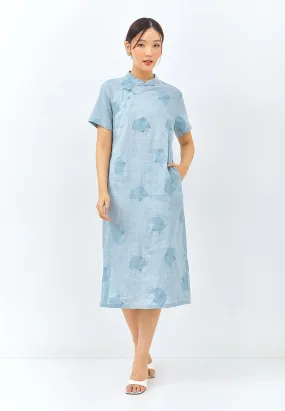 Embroidered Linen Cheongsam Dress in Light Blue