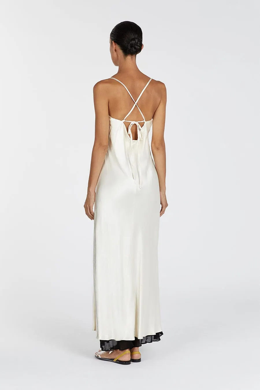 FAY CREAM SATIN V NECK SLIP MAXI DRESS