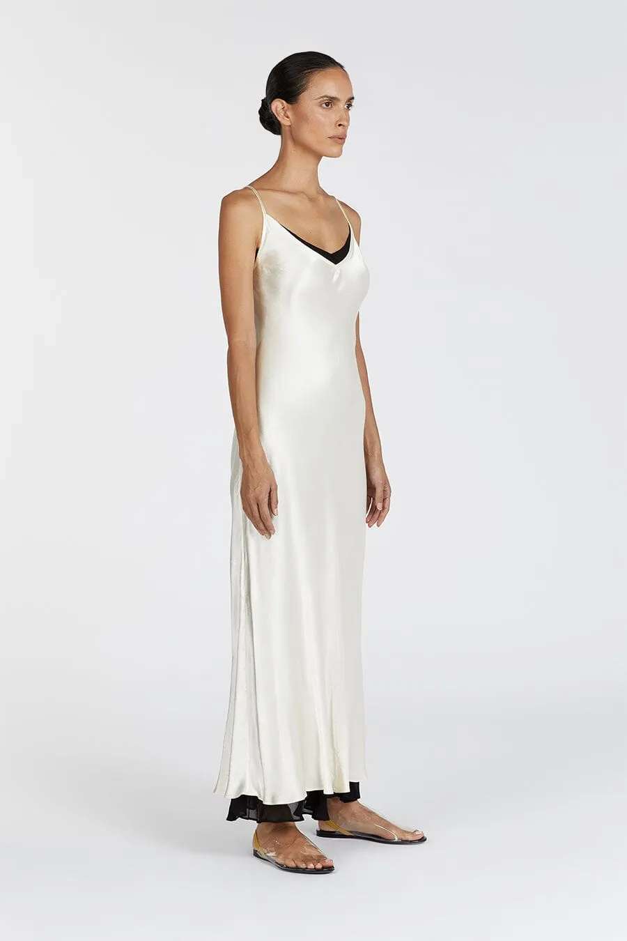 FAY CREAM SATIN V NECK SLIP MAXI DRESS