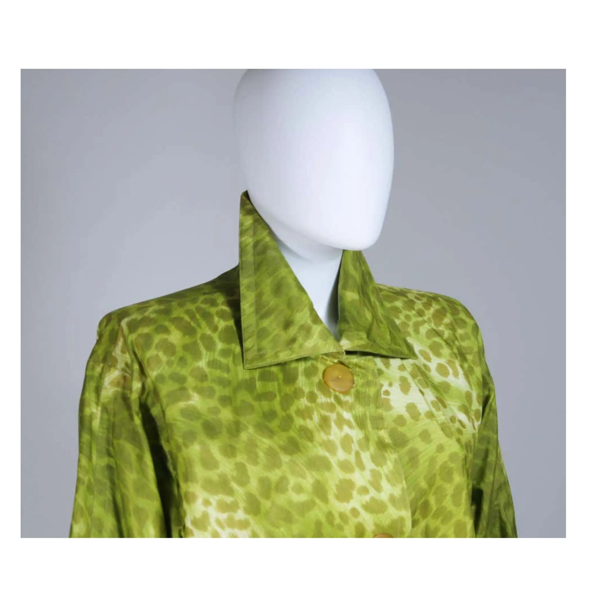 GIVENCHY 1980's-1990's Green Silk Leopard Print Coat