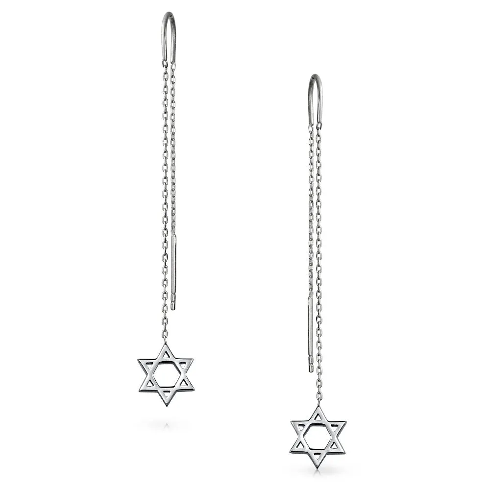 Hamsa Hand Symbol Spiritual Chain Threader Earrings Sterling Silver