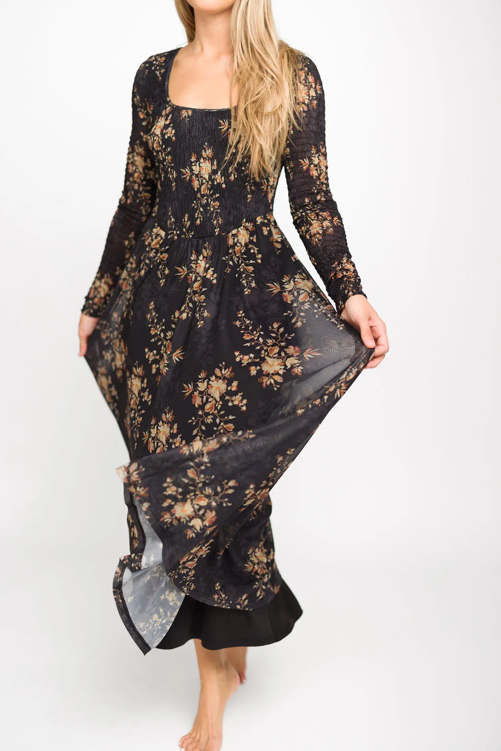 Honor Floral Smocked Woven Maxi Dress in Black - Bump Friendly
