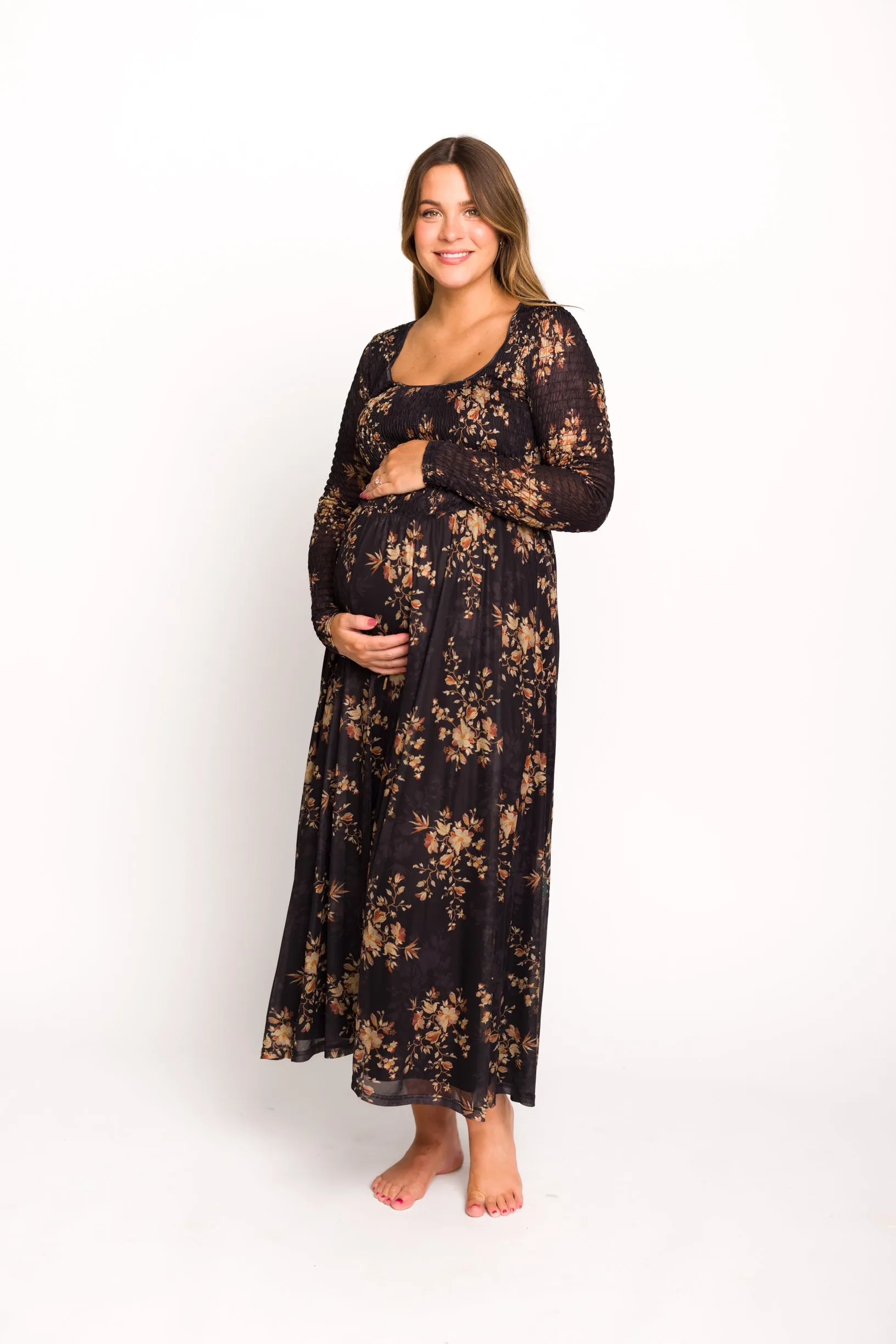 Honor Floral Smocked Woven Maxi Dress in Black - Bump Friendly