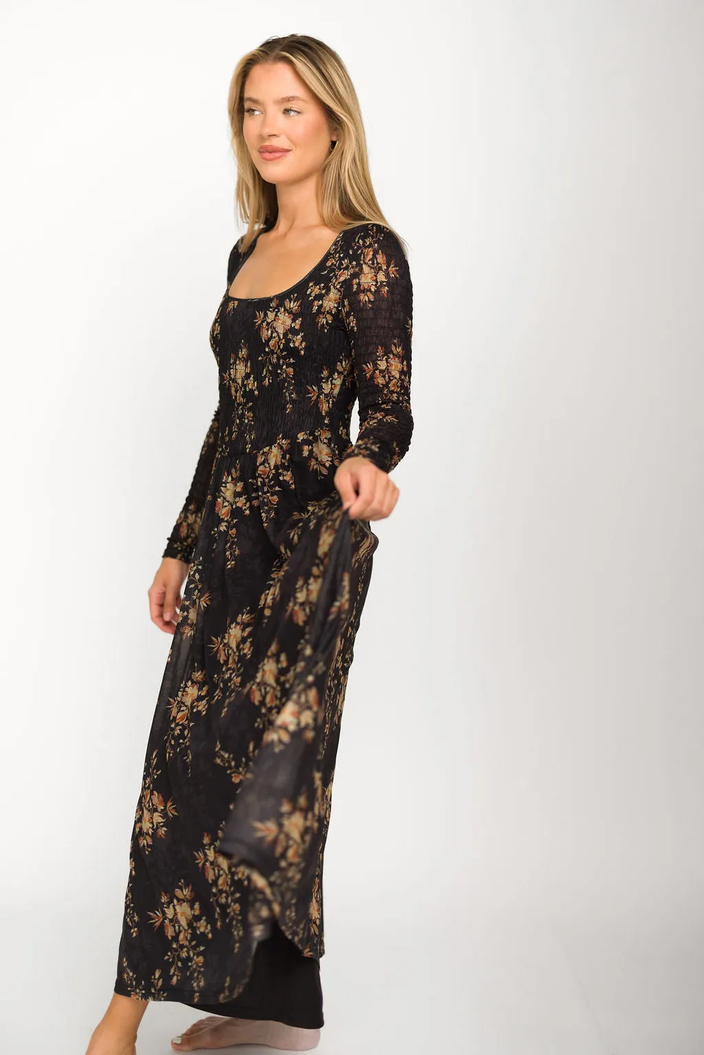 Honor Floral Smocked Woven Maxi Dress in Black - Bump Friendly