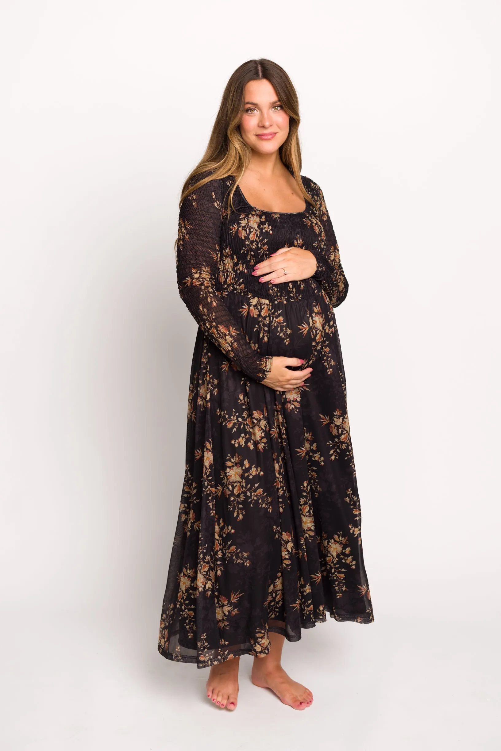 Honor Floral Smocked Woven Maxi Dress in Black - Bump Friendly