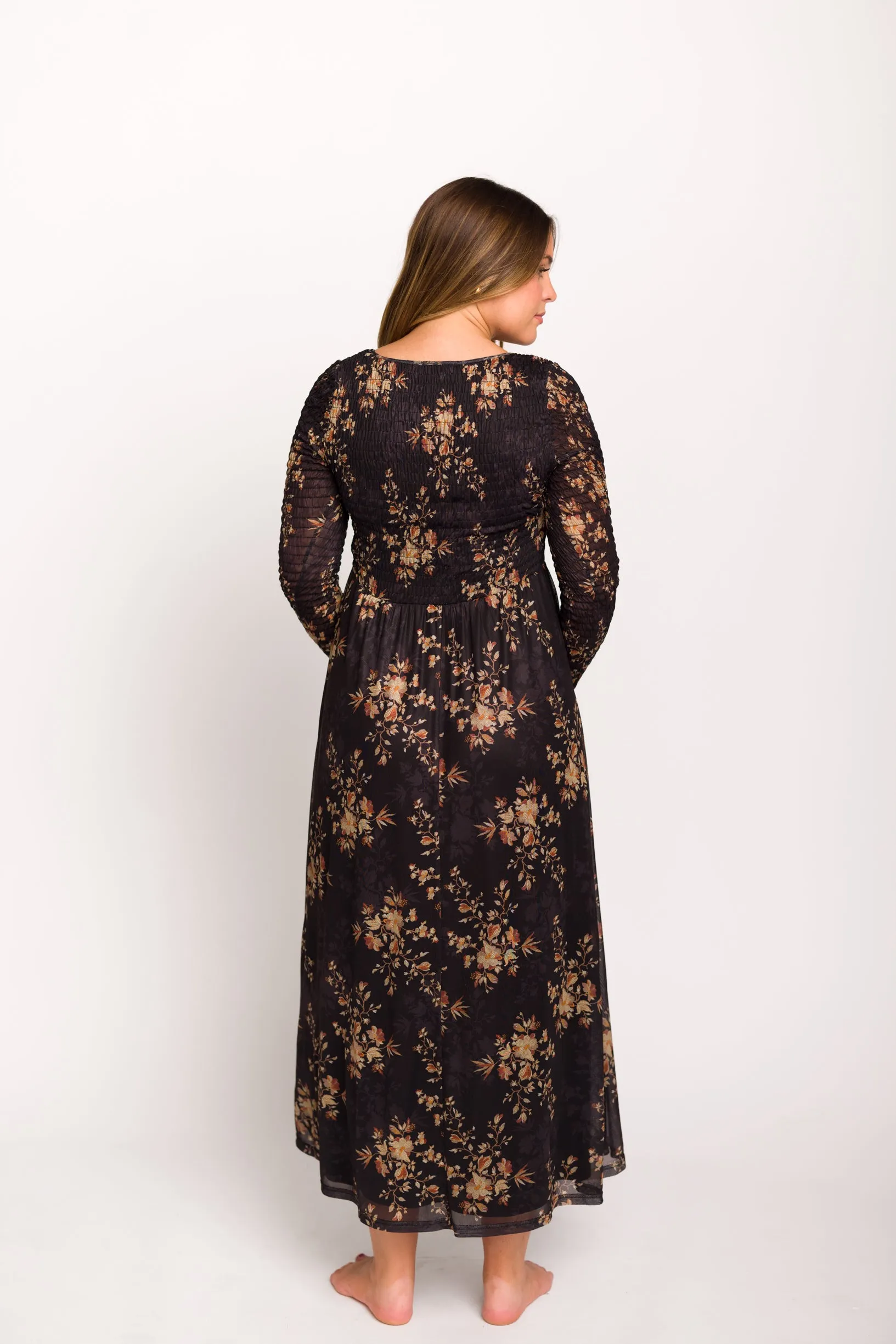 Honor Floral Smocked Woven Maxi Dress in Black - Bump Friendly